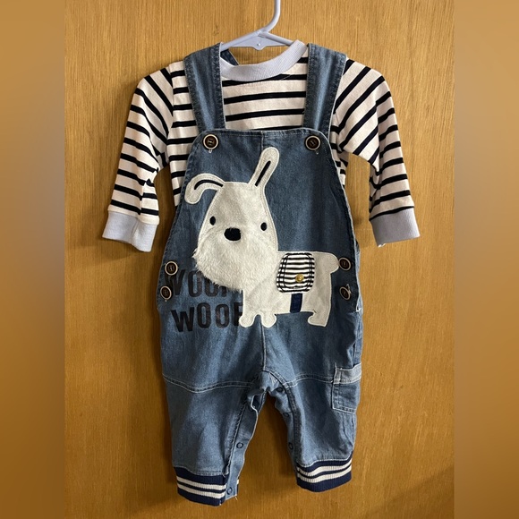 Denim Dog Overalls with Striped Shirt 12mth - Picture 1 of 9
